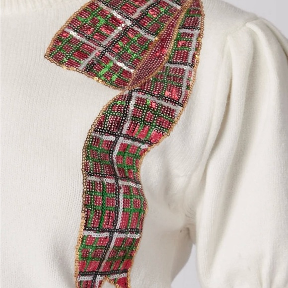 SEQUIN HOLIDAY PLAID BOW SWEATER - Picture 4 of 4